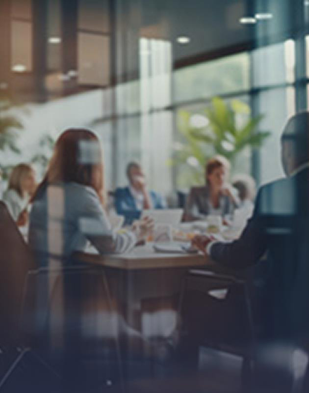 Image of Business meeting with people sitting around a conference table